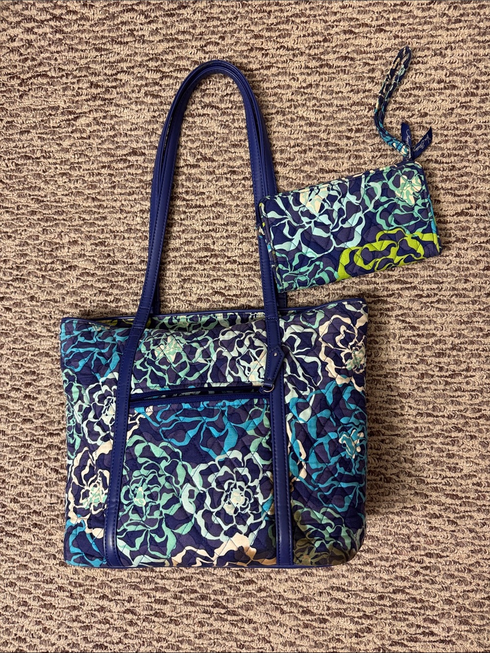 Vera Bradley Navy Floral Quilted Tote with Matching Wristlet